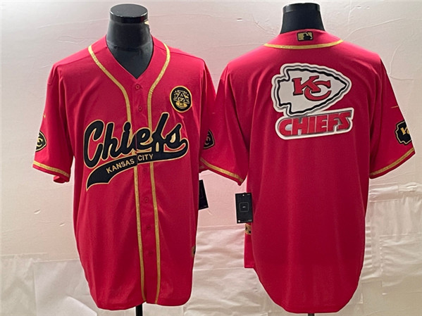 Men??s Kansas City Chiefs Red Gold Team Big Logo With Patch Cool Base Stitched Baseball Jersey